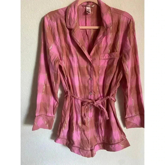 Victoria’s Secret Flannel Tie Romper Cherry Plaid Gold Trim Y2K Loungewear S - Picture 2 of 13